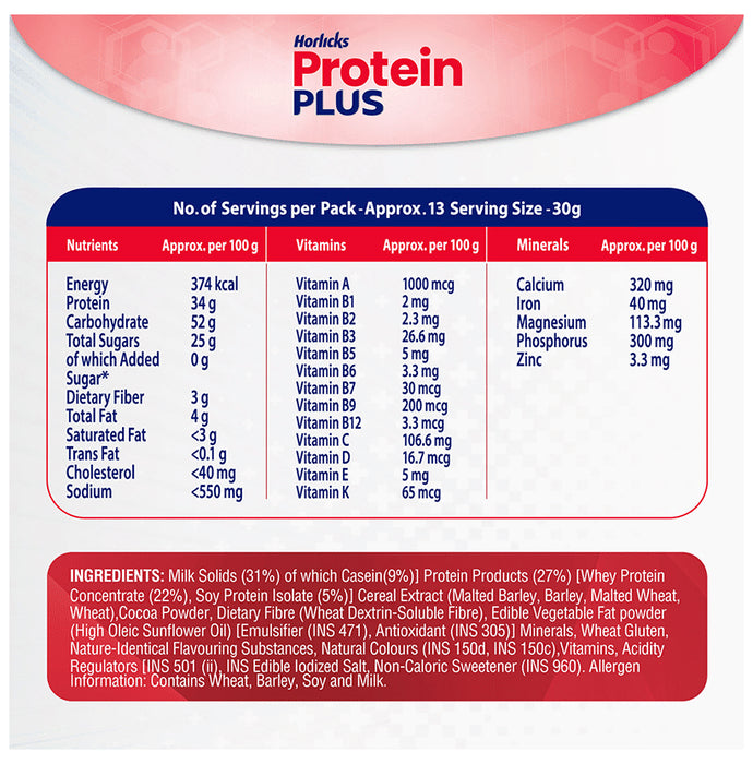 Horlicks Protein Plus with Triple Protein Blend of Soy, Whey, Casein | No Added Sugar | Flavour Chocolate