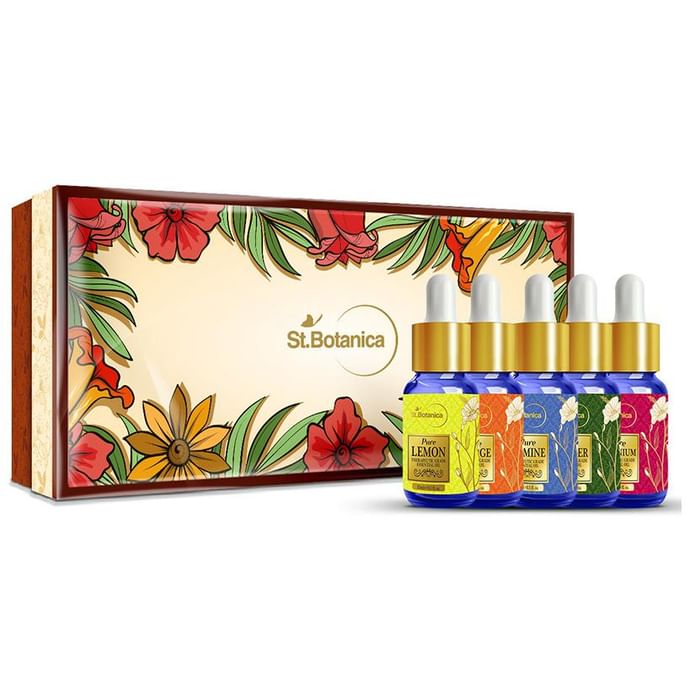 St.Botanica Essential Oils Kit (15ml Each) Pure Lemon + Orange + Jasmine + Vetiver + Geranium - Classic Derma
