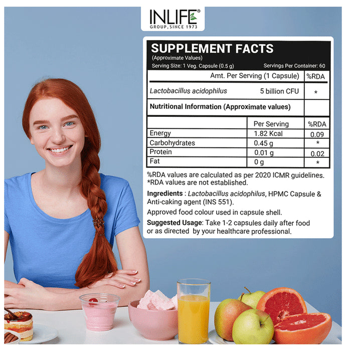 Inlife Probiotic Lactobacillus Acidophilus 5 Billion CFU | Vegetarian Capsule for Gut Health