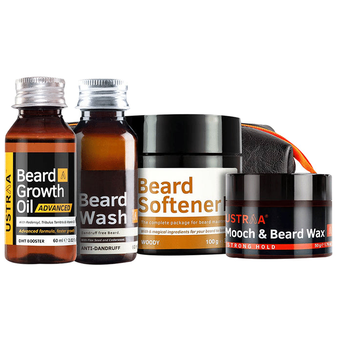 Ustraa Beard Lover's Pack (Combo Pack of Beard Growth Oil 60ml, Anti-Dandruff Beard Wash 60ml, Mooch & Beard Wax 50gm & Beard Softener 100gm) - Classic Derma