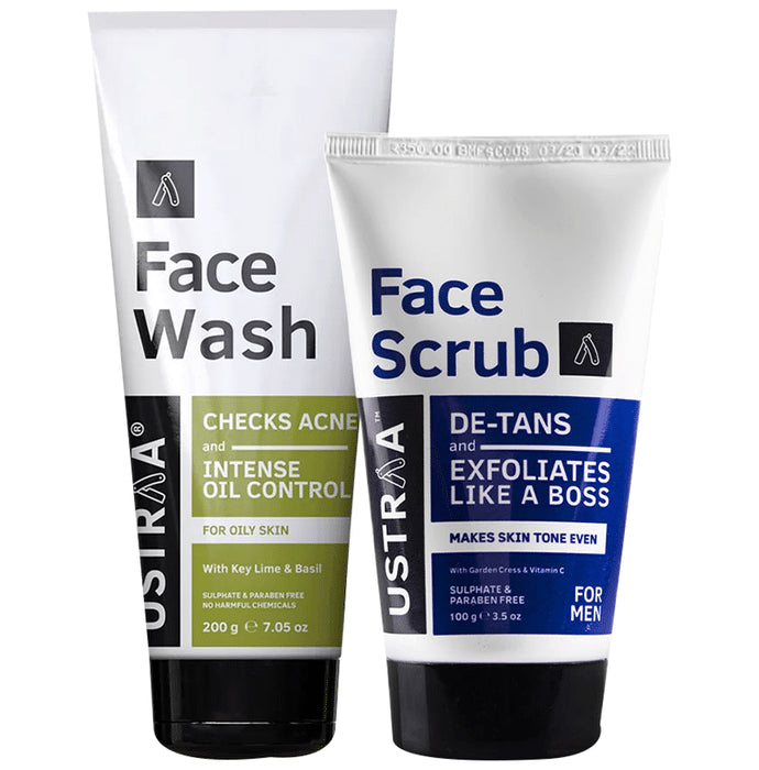 Ustraa Combo Pack of Face Wash for Oily Skin 200gm & De-Tans Face Scrub 100gm - Classic Derma