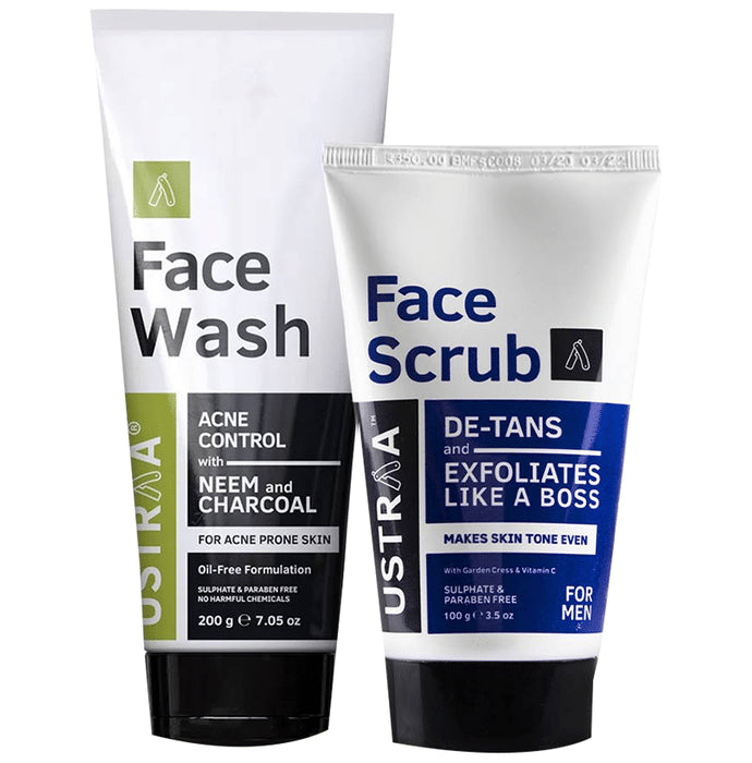 Ustraa Combo Pack of Face Wash Neem & Charcoal 200gm & De-Tans Face Scrub 100gm - Classic Derma