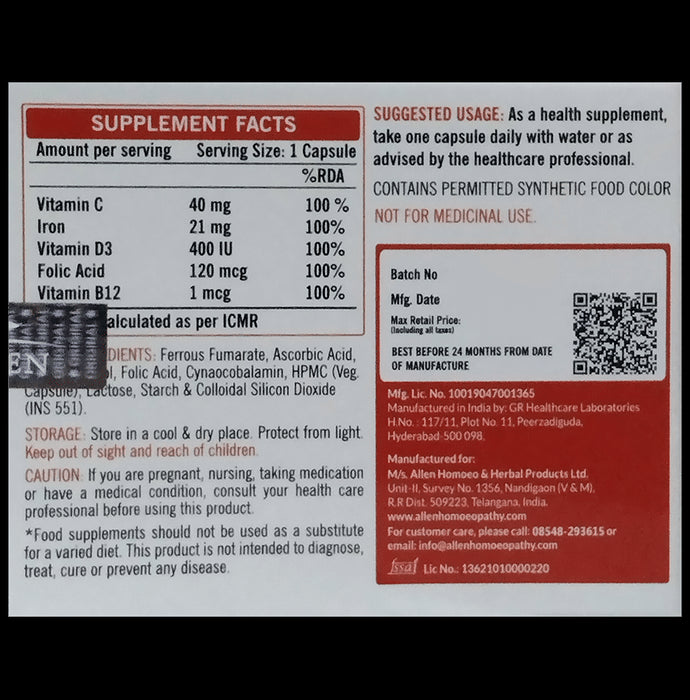 Allen Nutraceutical Iron Booster with Vitamin C, D3, B12 & Folic Acid | For Energy, Anaemia & RBC Formation | Capsule