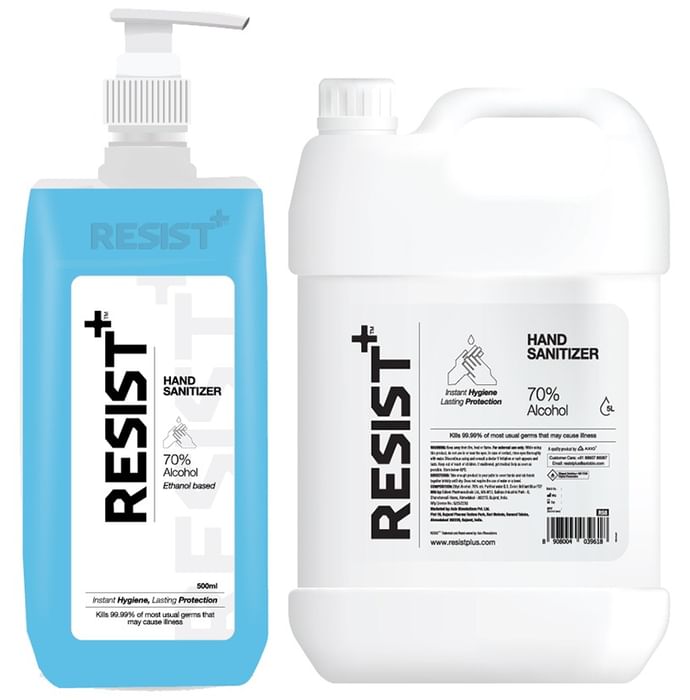Resist+ Combo Pack of 70% Alcohol Hand Sanitizer 5Ltr Canister & 500ml Pump Bottle - Classic Derma