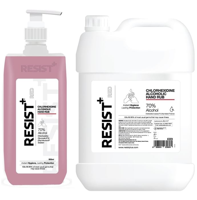 Resist+ Combo Pack of Chlorhexidine Alcoholic Hand Rub Sanitizer 5Ltr Canister & 500ml Pump Bottle - Classic Derma