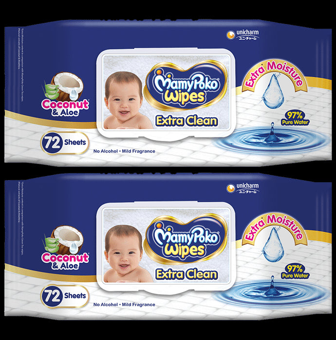 MamyPoko Extra Clean Wipes (72 Each) Coconut & Aloe - Classic Derma