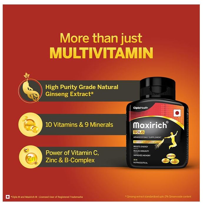 Maxirich Gold Daily Supplement with Ginseng Extract | Multivitamin for Energy, Immunity & Memory | Soft Gelatin Capsule