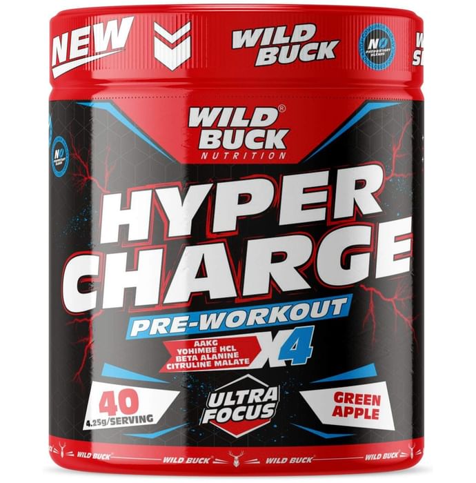 Wild Buck Hyper Charge Pre-Workout X4 with Creatine Monohydrate & Arginine for Energy, Muscle Endurance & Focus | Flavour Green Apple - Classic Derma