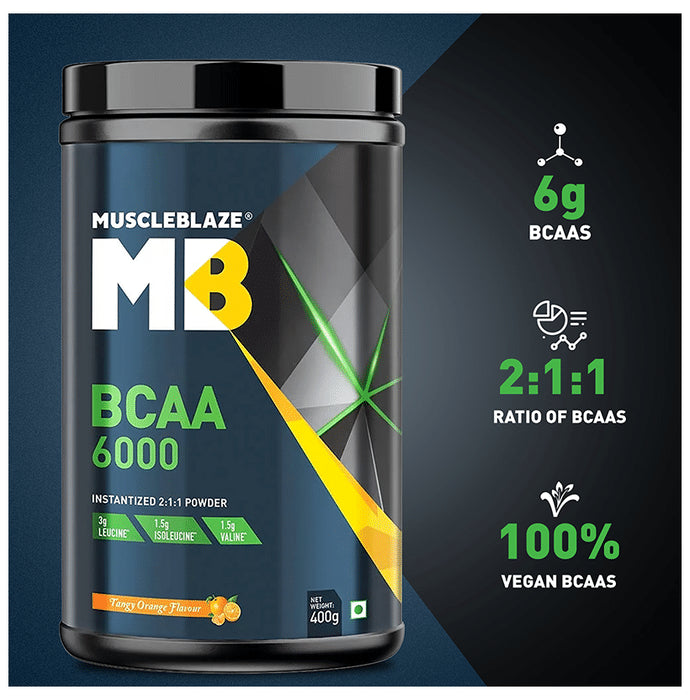MuscleBlaze BCAA 6000 | With 2:1:1 of Leucine, Isoleucine & Valine | For Muscle Support | Flavour Powder Tangy Orange