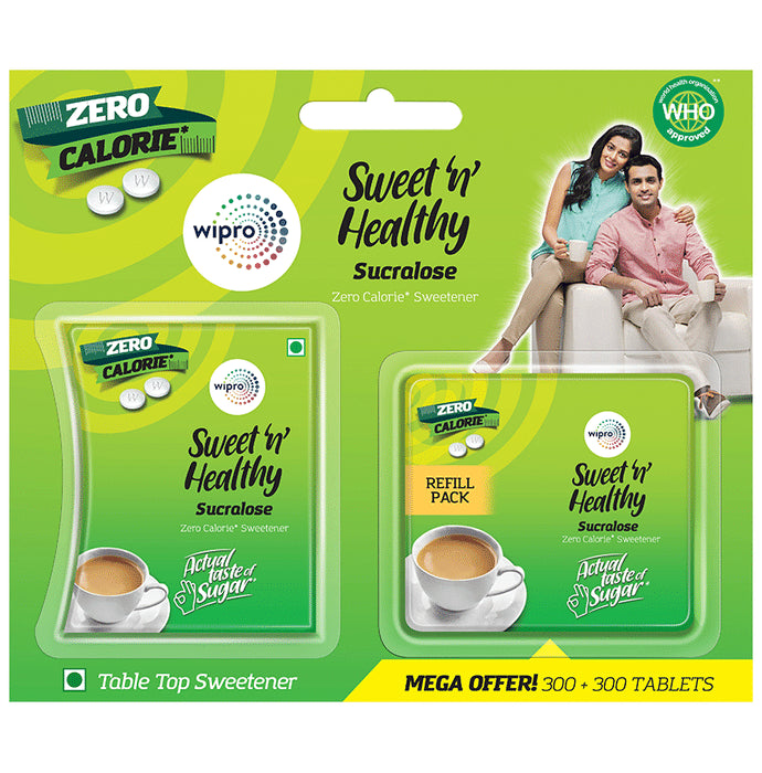 Wipro Sweet 'n' Healthy Sucralose 300 Tablets with Free 300 Tablets Refill Pack - Classic Derma