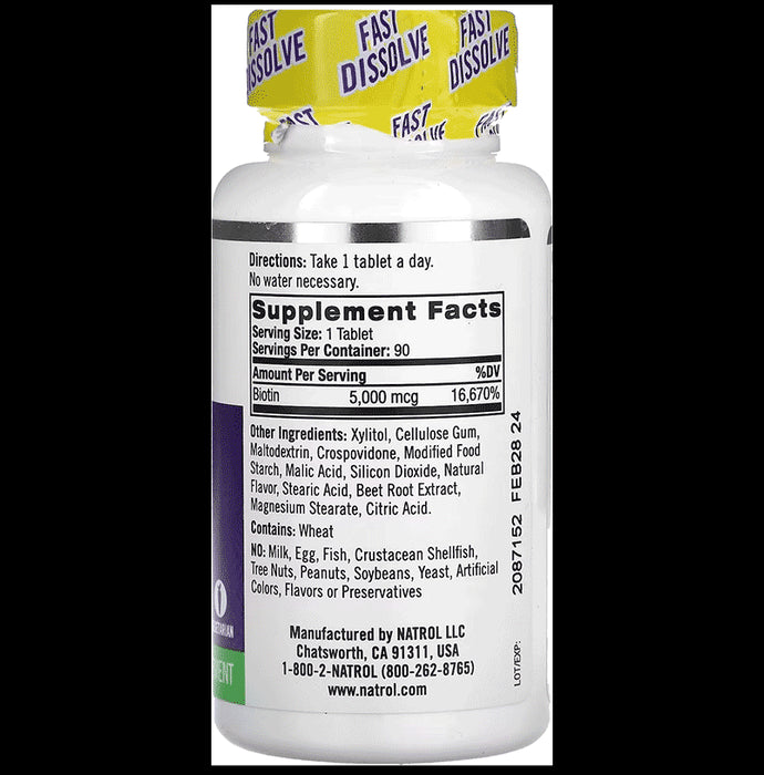 Natrol Biotin 5000mcg Tablet for Healthy Hair, Skin & Nails | Flavour Strawberry