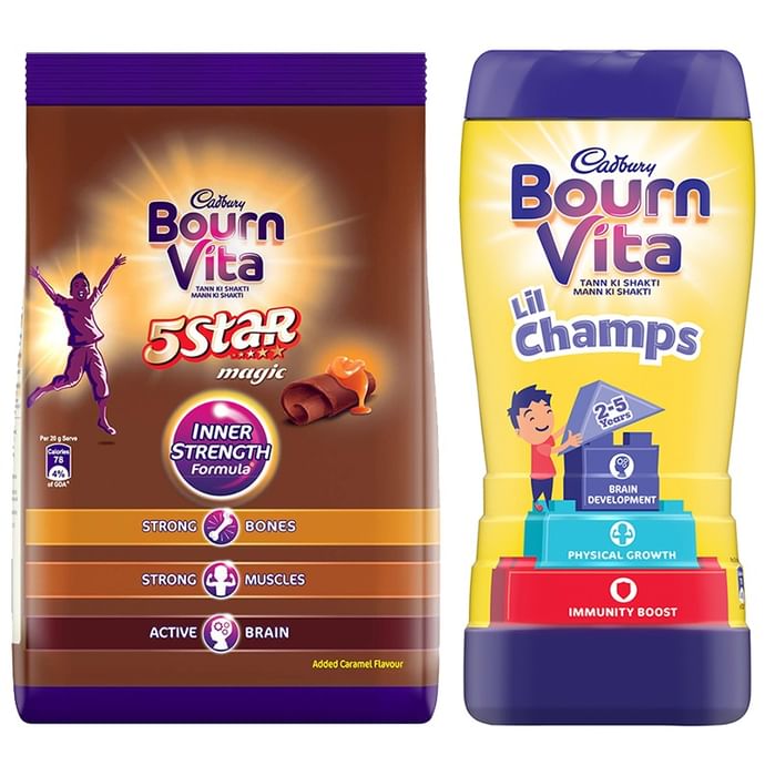 Cadbury Bournvita Combo Pack of 5 Star Magic Chocolate Drink 750gm & Lil Champs Chocolate Drink 200gm - Classic Derma