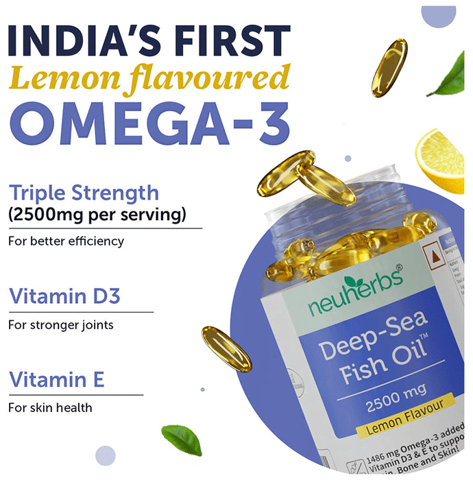 Neuherbs Deep-Sea Fish Oil 2500mg | With Omega 3, Vitamin D3 & E for Heart, Brain, Bone & Skin | Flavour Lemon