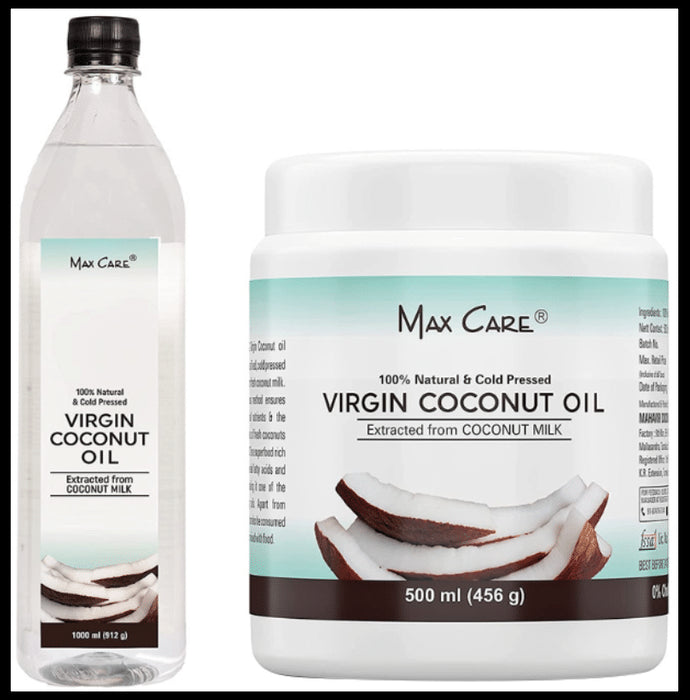 Max Care Combo Pack of Virgin Coconut Cold Pressed Oil (500ml) & Virgin Coconut Cold Pressed Oil (1000ml) (Wide Mouth Bottle) - Classic Derma