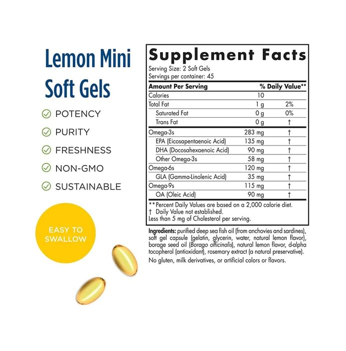 Nordic Naturals Complete Omega JR. 283mg Omega 3 + 35mg GLA Mini Softgel 6-12 yrs Lemon