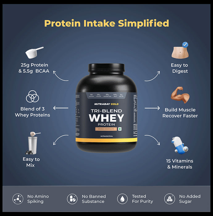 Nutrabay Gold Tri-Blend Whey Protein for Muscle Recovery & Immunity | No Added Sugar | Flavour Powder Double Chocolate