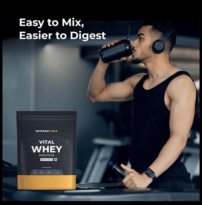 Nutrabay Gold Vital Whey Protein for Muscle Recovery | No Added Sugar | Flavour Powder Gourmet Vanilla