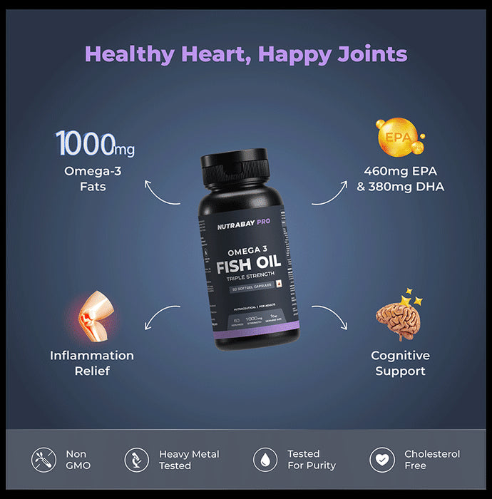 Nutrabay Pro Omega 3 Triple Strength Fish Oil | For Healthy Heart, Joints, Mood & Skin | Capsule