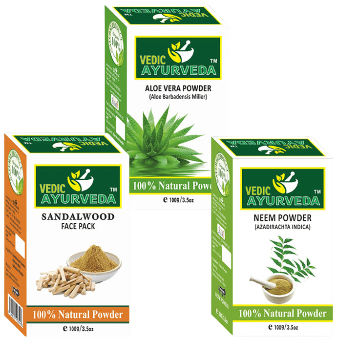 Vedic Ayurveda Combo Pack of Sandalwood Face Pack Powder, Aloe Vera Powder & Neem Powder (100gm Each) - Classic Derma