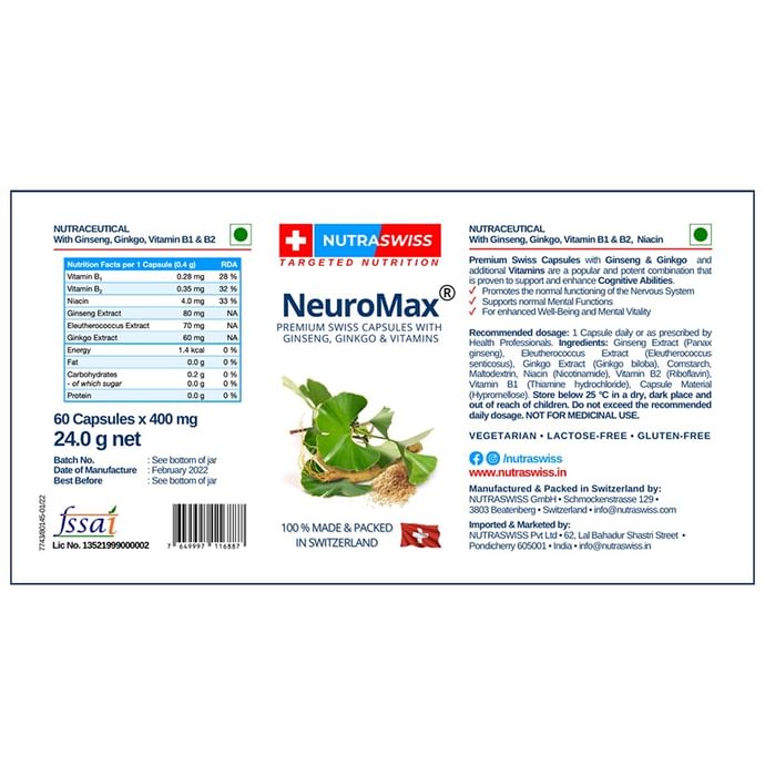 Nutraswiss NeuroMax with Ginseng, Ginkgo & Vitamins | For Nervous System | Capsule