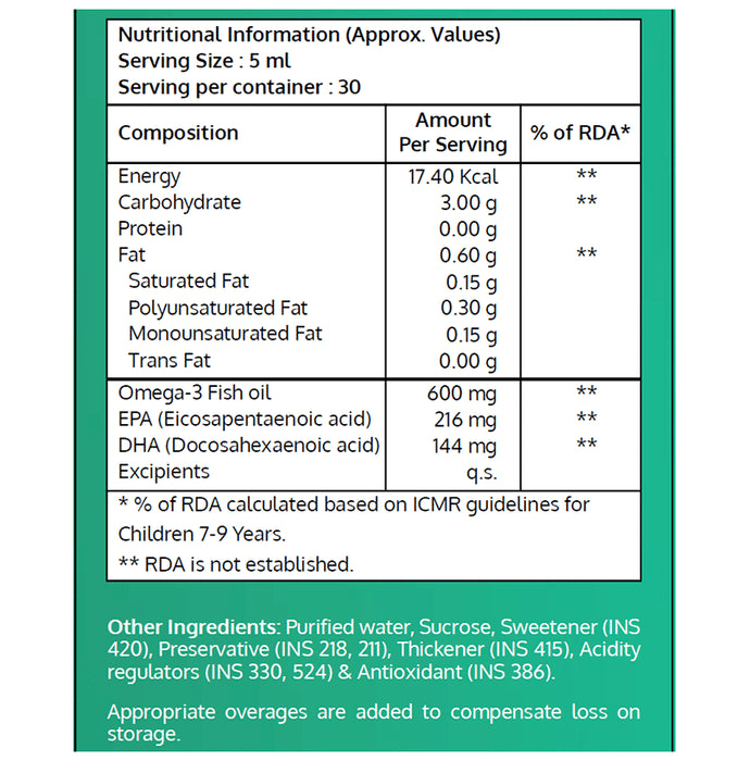 Nutrileague Omega 3 Fish Oil 600mg Syrup for Brain, Heart & Immunity