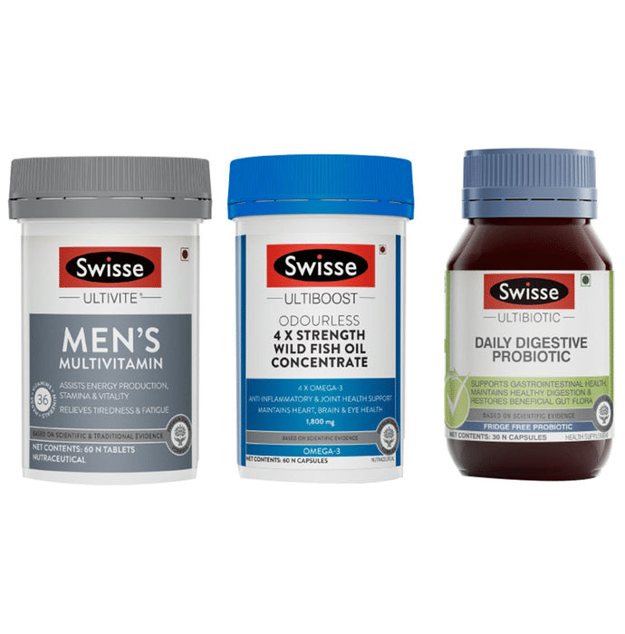 Swisse Combo Pack of Ultivite Men's Multivitamin 60 Tablet, Ultiboost Odourless 4x Strength Wild Fish Oil Concentrate 60 Capsule & Ultibiotic Daily Digestive Probiotic 30 Capsule - Classic Derma