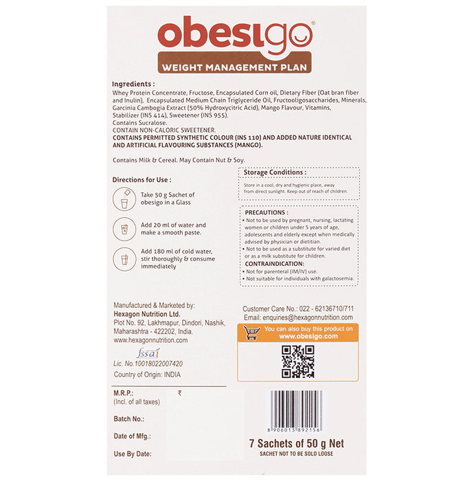 Obesigo Whey Protein | With Garcinia, Vitamins & Minerals for Weight Management | Flavour Mango Shake Sachet