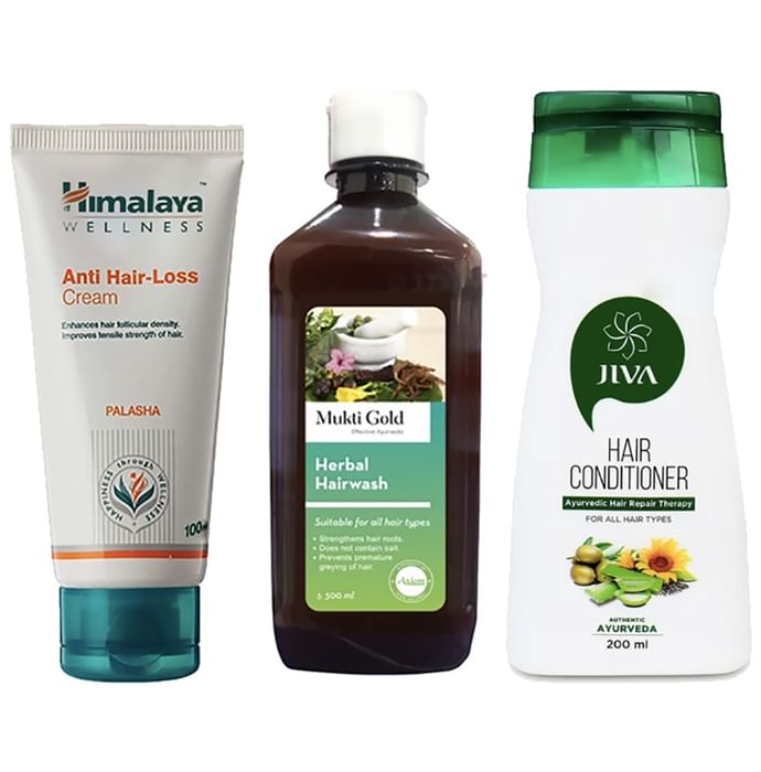 Hair Care Combo of Axiom Mukti Gold Hairwash Shampoo 500ml, Himalaya Wellness Anti-Hair Loss Cream 100ml and Jiva Hair Conditioner 200ml - Classic Derma