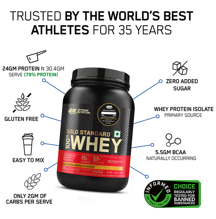 Optimum Nutrition (ON) Gold Standard 100% Whey Protein | For Muscle Recovery | No Added Sugar | Flavour Alphonso Mango