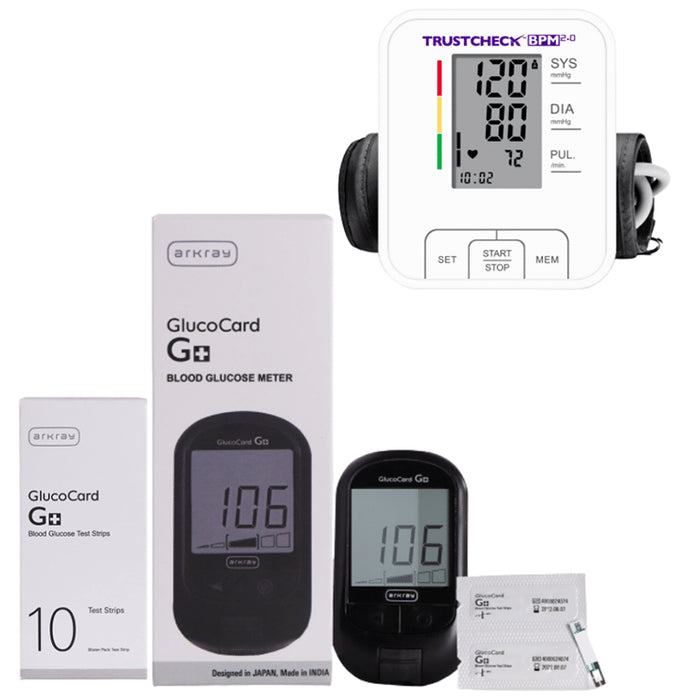 Arkray 29FA810 11 + A90046 Glucocard G+ Blood Glucose Monitor with 10 Strips and Trustcheck BPM 2.0 Blood Pressure Monitor - Classic Derma