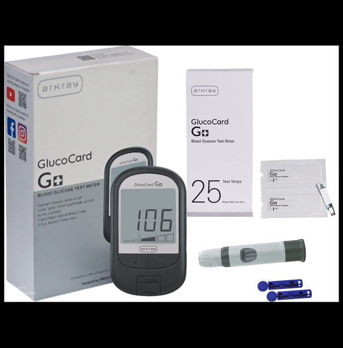 Arkray Glucocard G+ Blood Glucose Test Meter with 25 Test Strips, 10 Sterile Lancets and Lancing Device Free - Classic Derma