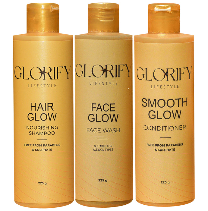 Glorify Lifestyle Combo Pack of Hair Glow Nourishing Shampoo ,Smooth Glow Conditioner & Face Glow Face Wash (225gm) - Classic Derma