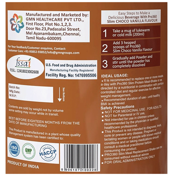 Pro360 Slim Protein with CLA & Garcinia for Nutrition | Sugar Free | Flavour Choco-Vanilla