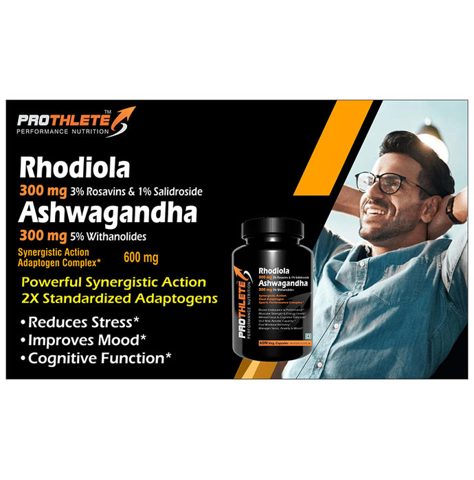 Prothlete Rhodiola 300mg 3% Rosavins & 1% Salidroside Ashwagandha 300mg 5% Withanolides Veg Capsule
