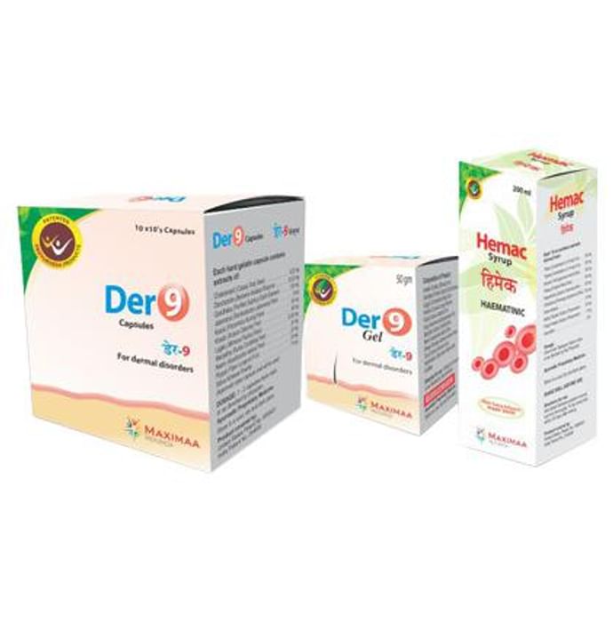 Proyurveda Skin Care Combo Pack OF Der 9, 100Caps & Hemac Syrup, 200ml & Der 9 Gel, 50gm - Classic Derma