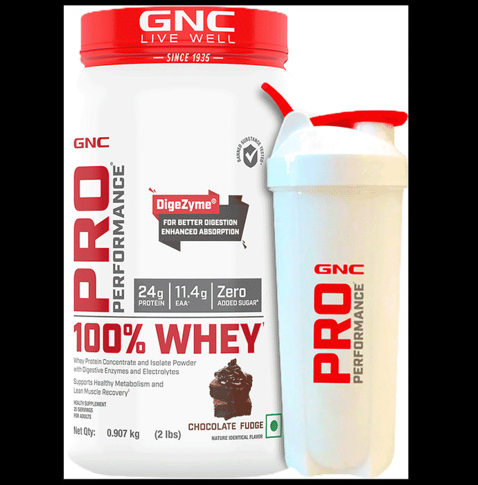 GNC Live Well Pro Performance 100% Whey Powder Chocolate Fudge with White Plastic Shaker - Classic Derma