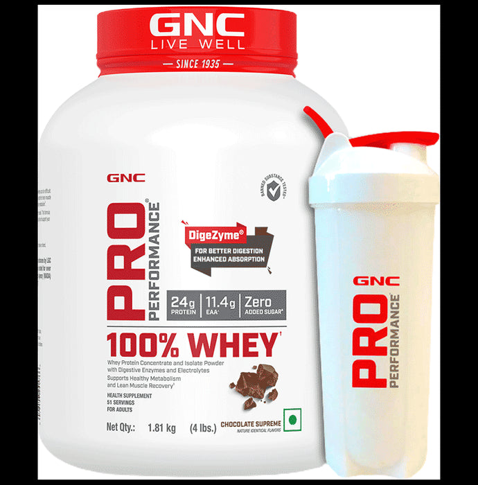 GNC Live Well Pro Performance 100% Whey Powder Chocolate Supreme with White Plastic Shaker - Classic Derma