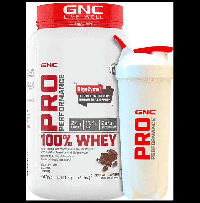GNC Live Well Pro Performance 100% Whey Powder with White Plastic Shaker Chocolate Supreme - Classic Derma