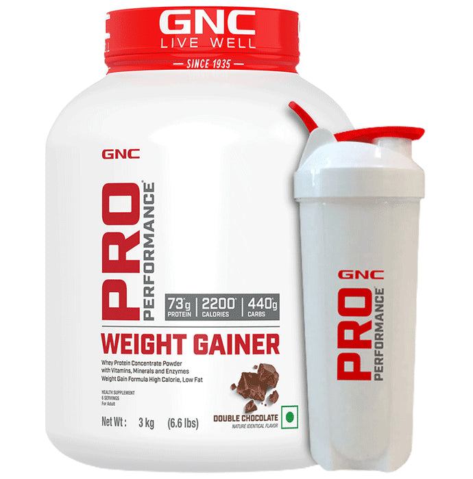 GNC Live Well Pro Performance Weight Gainer Powder Double Chocolate with White Plastic Shaker - Classic Derma