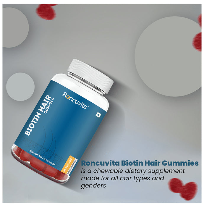 Roncuvita Biotin 5000mg Hair Gummies with Vitamin B12 & Folic Acid | Flavour Strawberry
