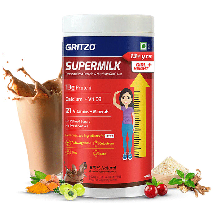 Gritzo Super Girl Milk Protein Height+ for 13+ Years Girls | With Calcium & Vitamin D3 | Flavour Double Chocolate