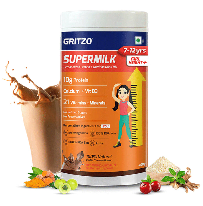 Gritzo Super Girl Milk Protein Height+ for 8 to 12 Years | With Calcium & Vitamin D3 | Flavour Double Chocolate