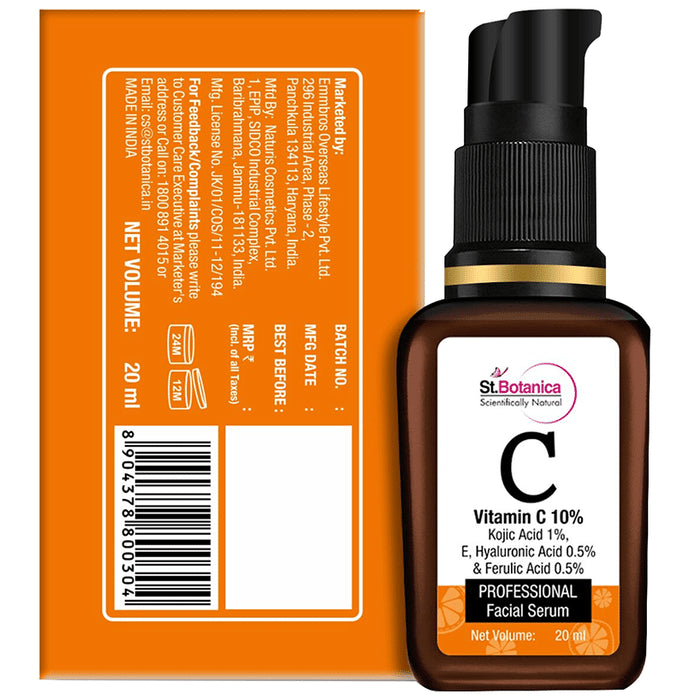 St.Botanica Vitamin C 10% + Kojic Acid 1% + E, Hyaluronic Acid 0.5% & Ferulic Acid 0.5% Professional Facial Serum