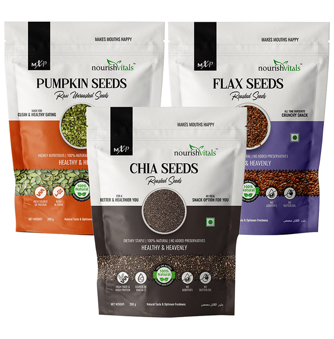 NourishVitals Combo Pack of Pumpkin Seeds Raw Unroasted, Chia Seeds Roasted and Flax Seeds Roasted (200gm Each) - Classic Derma