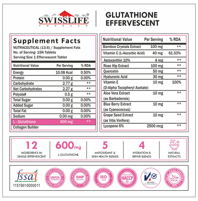 SWISSLIFE FOREVER Glutathione & Vitamin C Effervescent Tablets (15 Each) Mixberry No Sugar