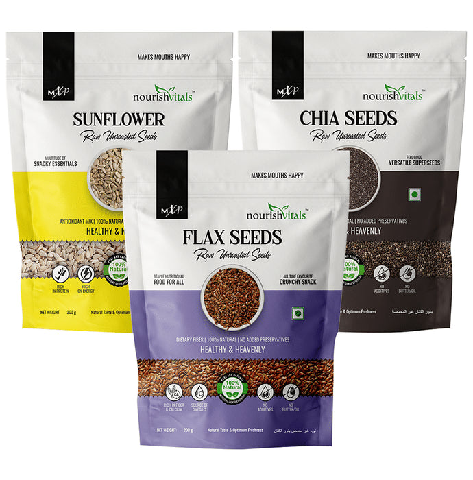 NourishVitals Combo Pack of Sunflower Raw Unroasted Seeds, Flax Seeds Raw Unroasted and Chia Seeds Raw Unroasted (200gm Each) - Classic Derma