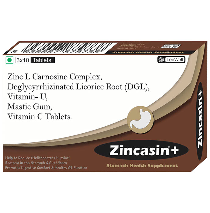 Zincasin Zincasin +Plus Zinc L Carnosine, Mastic Gum, Vitamin U, Deglycyrrhizinated Licorice DGL Tablet for Gastric Ulcer, IBS & Gut Health - Classic Derma