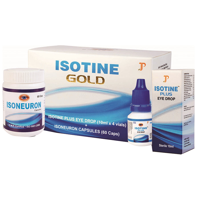 Isotine Gold Kit of 4 Bottles of Isotine Plus Eye Drop (10ml Each) & Isoneuron Capsule (60) - Classic Derma