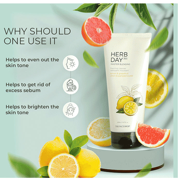The Face Shop Herb Day 365 Foaming Cleanser - Lemon & Grapefruit, Face Wash With Vitamin C & Glycolic Acid For Brighter & Glowing Skin Lemon & Grapefruit