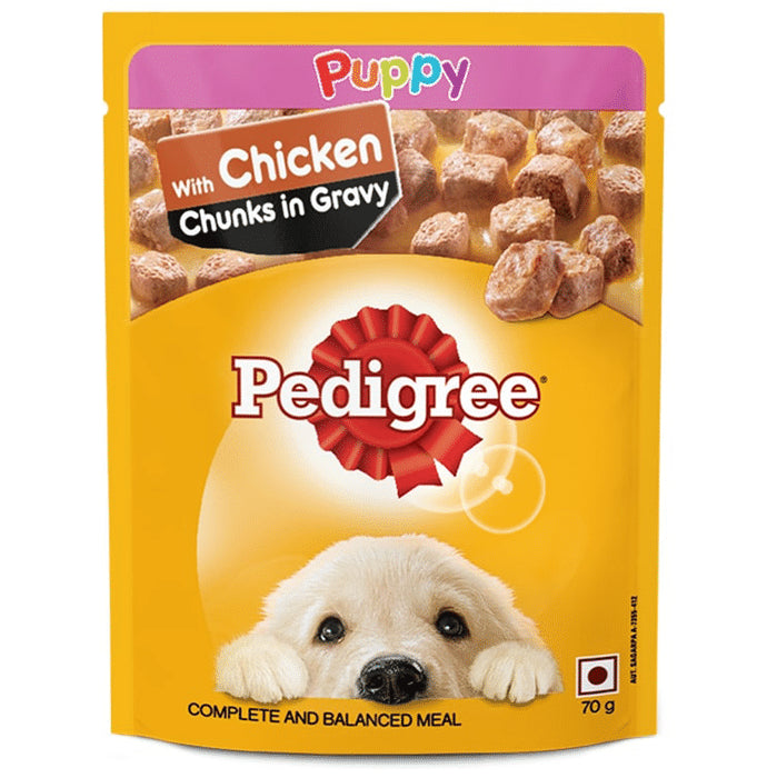 Pedigree Puppy Wet Dog Food Complete and Balanced Meal (70gm Each) with Chicken Chunks in Gravy - Classic Derma